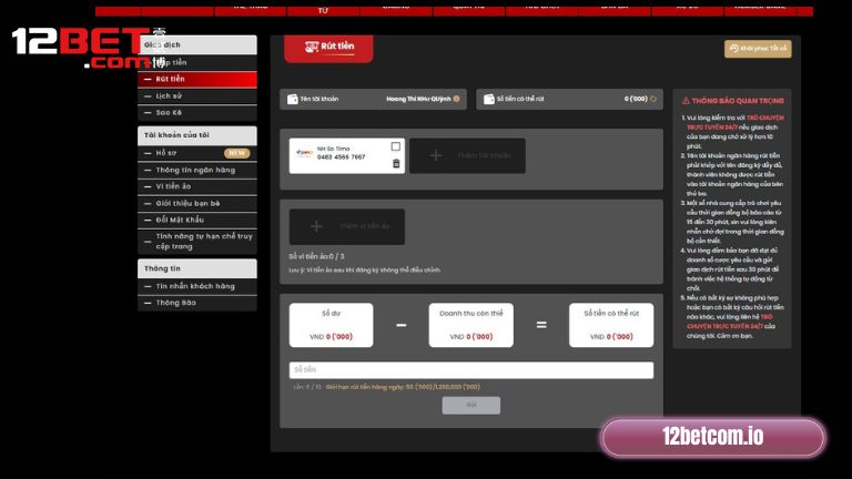 Chọn mục rút tiền 12BET và nhập thông tin giao dịch
