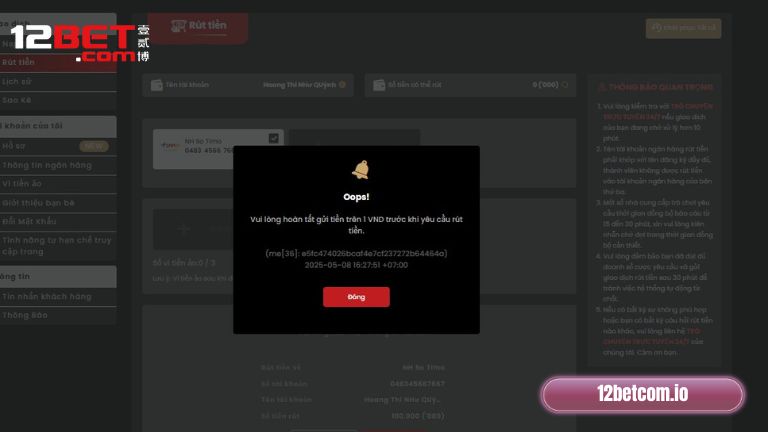 Lỗi phát sinh khi giao dịch tại 12BET và cách xử lý